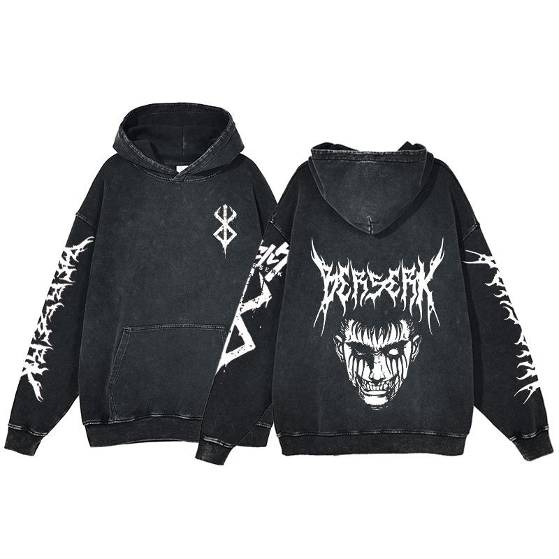 American retro washed hoodie for men and women, hip-hop sword style legendary dark print hoodie, vintage hoodie
