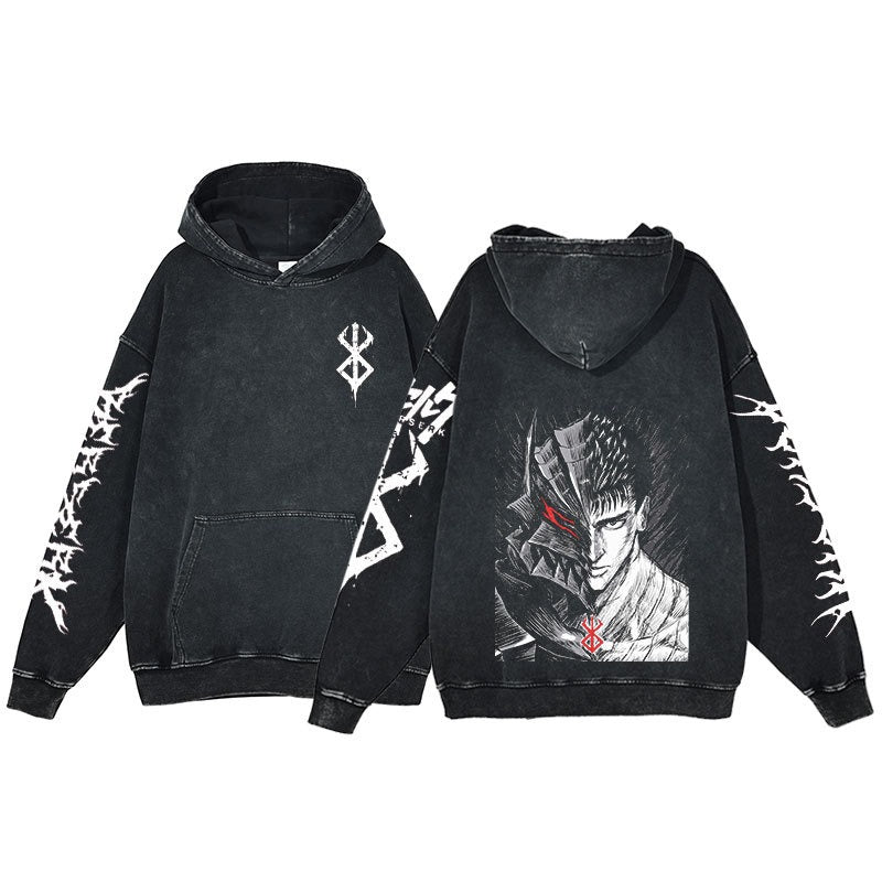 American retro washed hoodie for men and women, hip-hop sword style legendary dark print hoodie, vintage hoodie