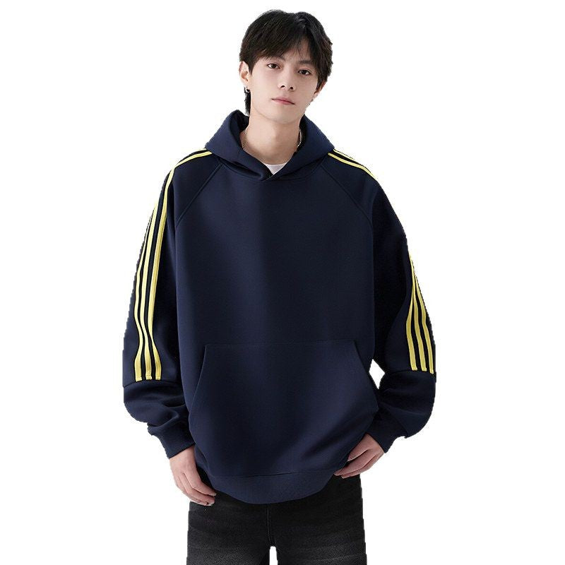 Three Stripes Hooded Sweatshirt Men  Vintage Streetwear Casual Loose Outerwear