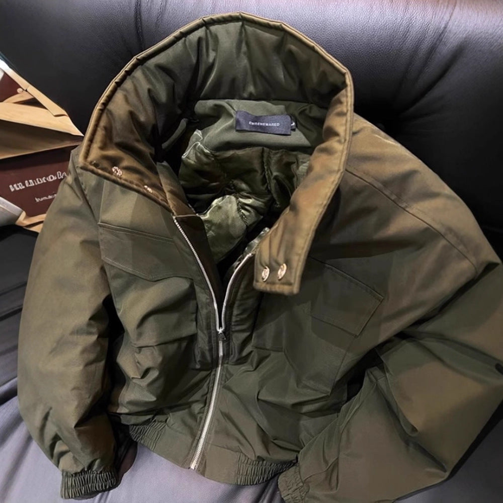 Casual Bomber Short Jacket Men Autumn Winter Stand Collar Oversized Workwear Cotton Coat Thick Outerwear