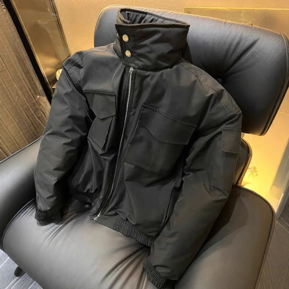 Casual Bomber Short Jacket Men Autumn Winter Stand Collar Oversized Workwear Cotton Coat Thick Outerwear