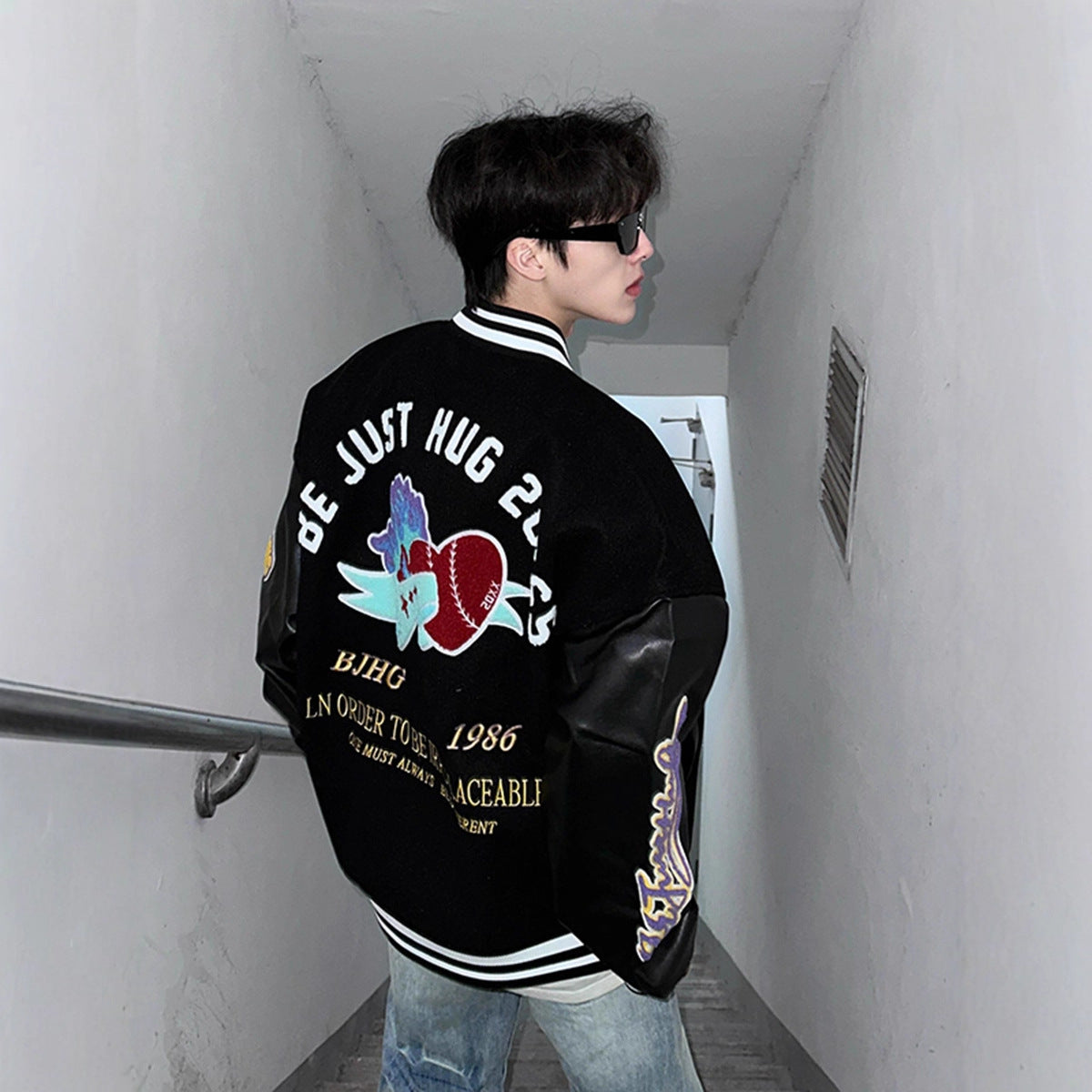 Letter Embroidery Baseball Cotton Jacket Men Winter PU Leather Sleeve Patchwork High Street Cool Aviator Cotton Coat