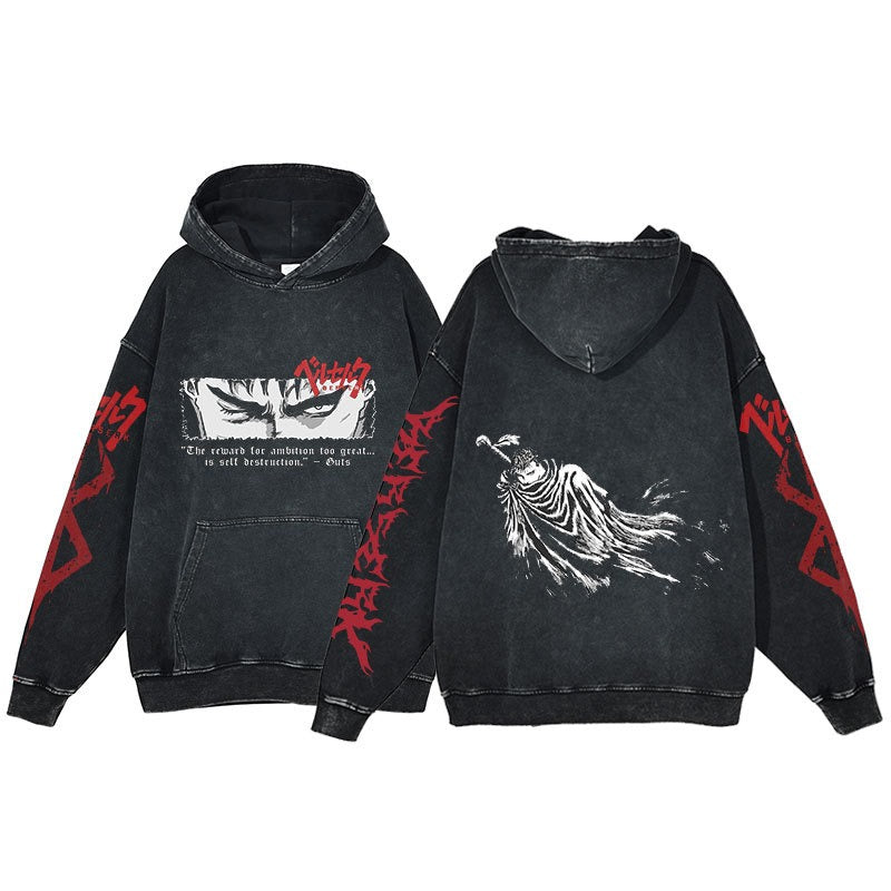 American retro washed hoodie for men and women, hip-hop sword style legendary dark print hoodie, vintage hoodie