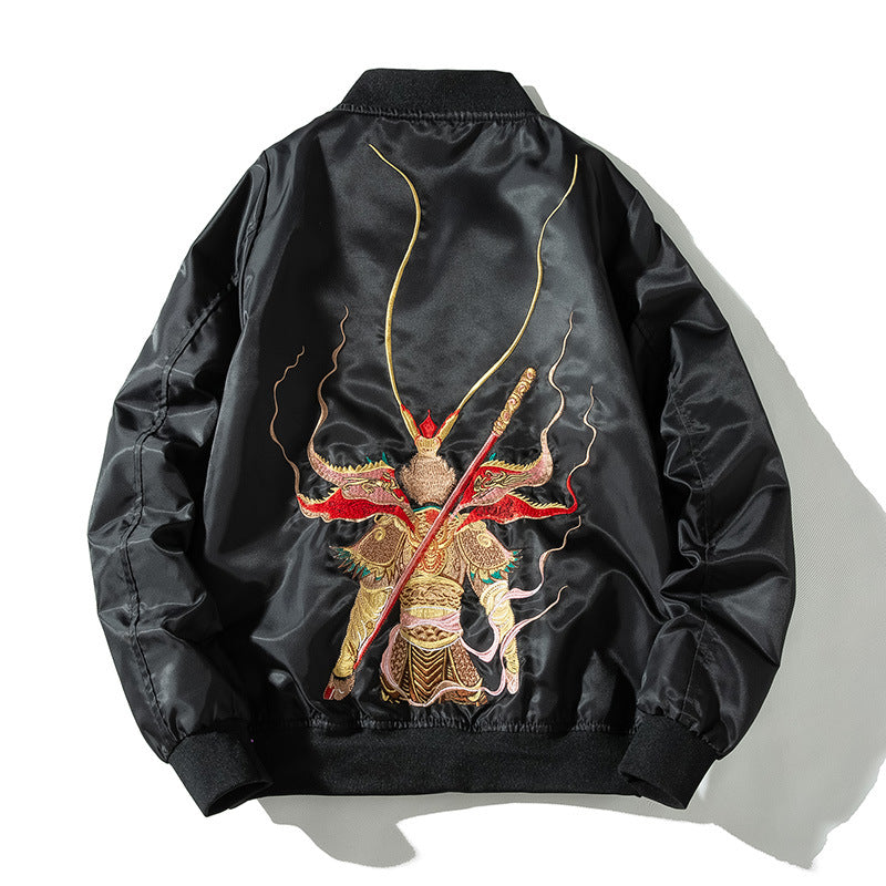 Style Sun Wukong Embroidered Flight Jacket for Men and Women, Autumn and Winter Trendy Padded Thickened Loose Baseball Jacket Outerwear