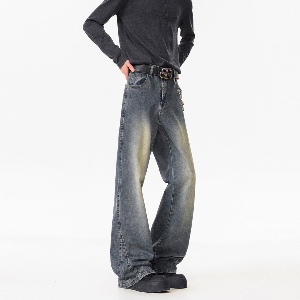 Texture Washed Knife-Edge Denim Pants Men