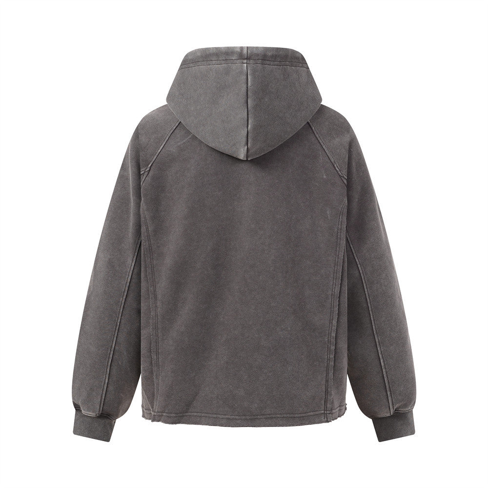 Washed and worn hooded sweatshirt for men