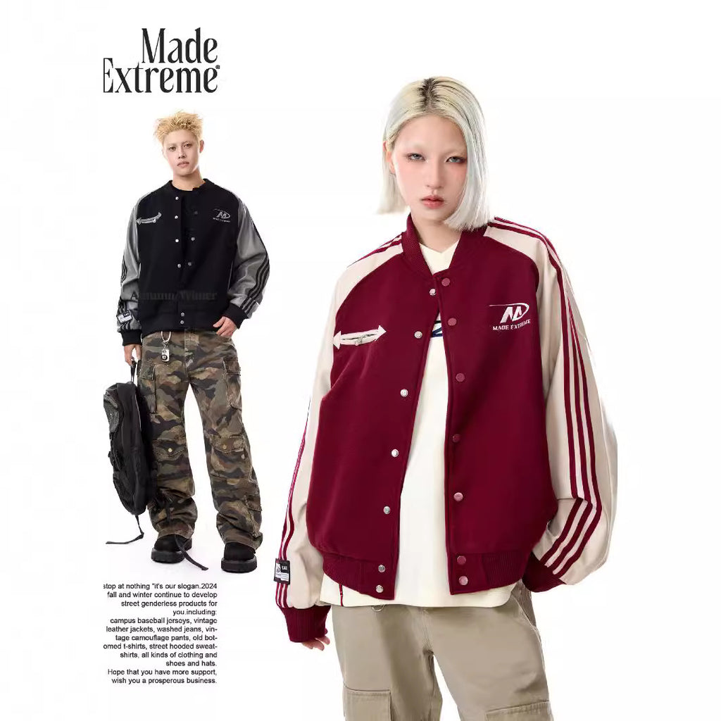 Color Block PU Leather Sleeve Street Jacket Baseball Coat for Men and Women