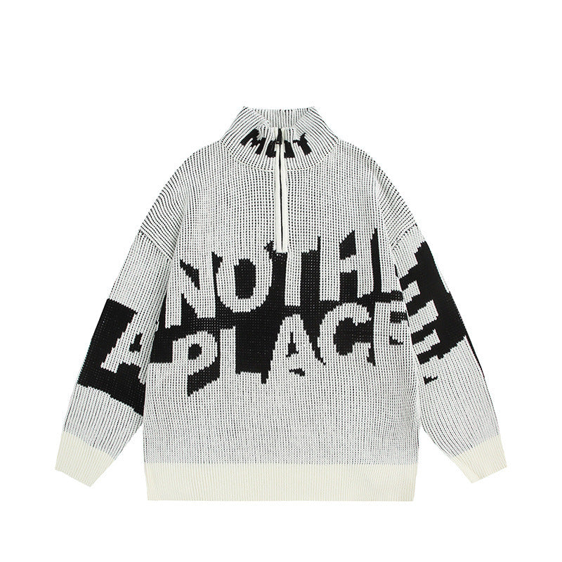 Half zip stand up collar sweater with letters loose knit sweater
