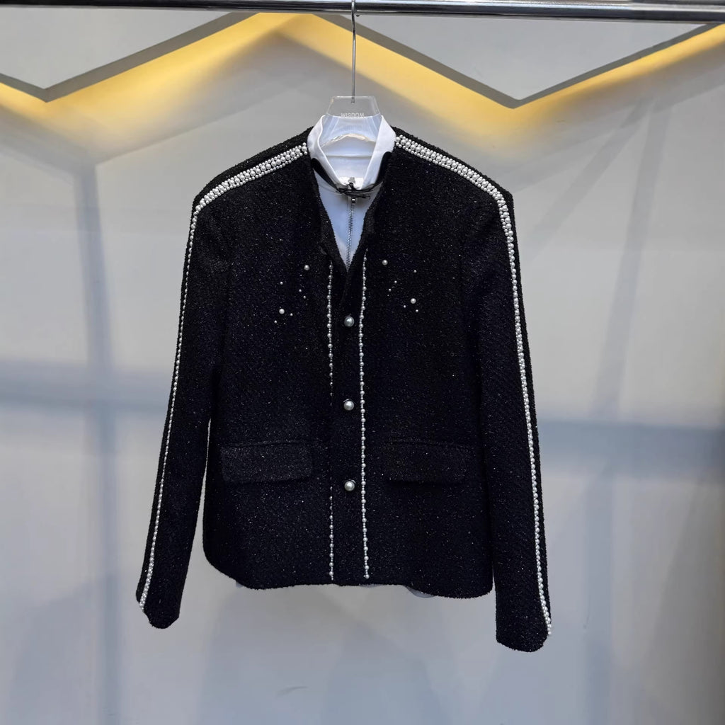 Collarless pearl loose coarse woolen coat for men