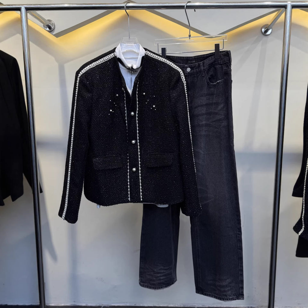 Collarless pearl loose coarse woolen coat for men