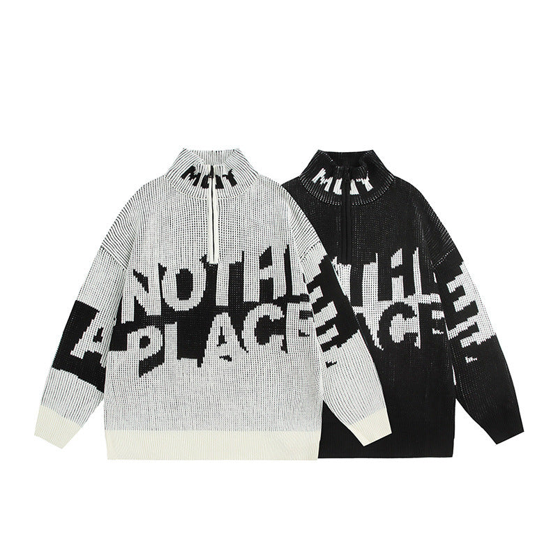 Half zip stand up collar sweater with letters loose knit sweater