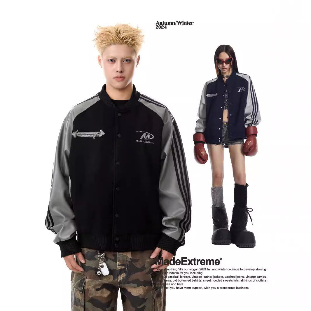 Color Block PU Leather Sleeve Street Jacket Baseball Coat for Men and Women