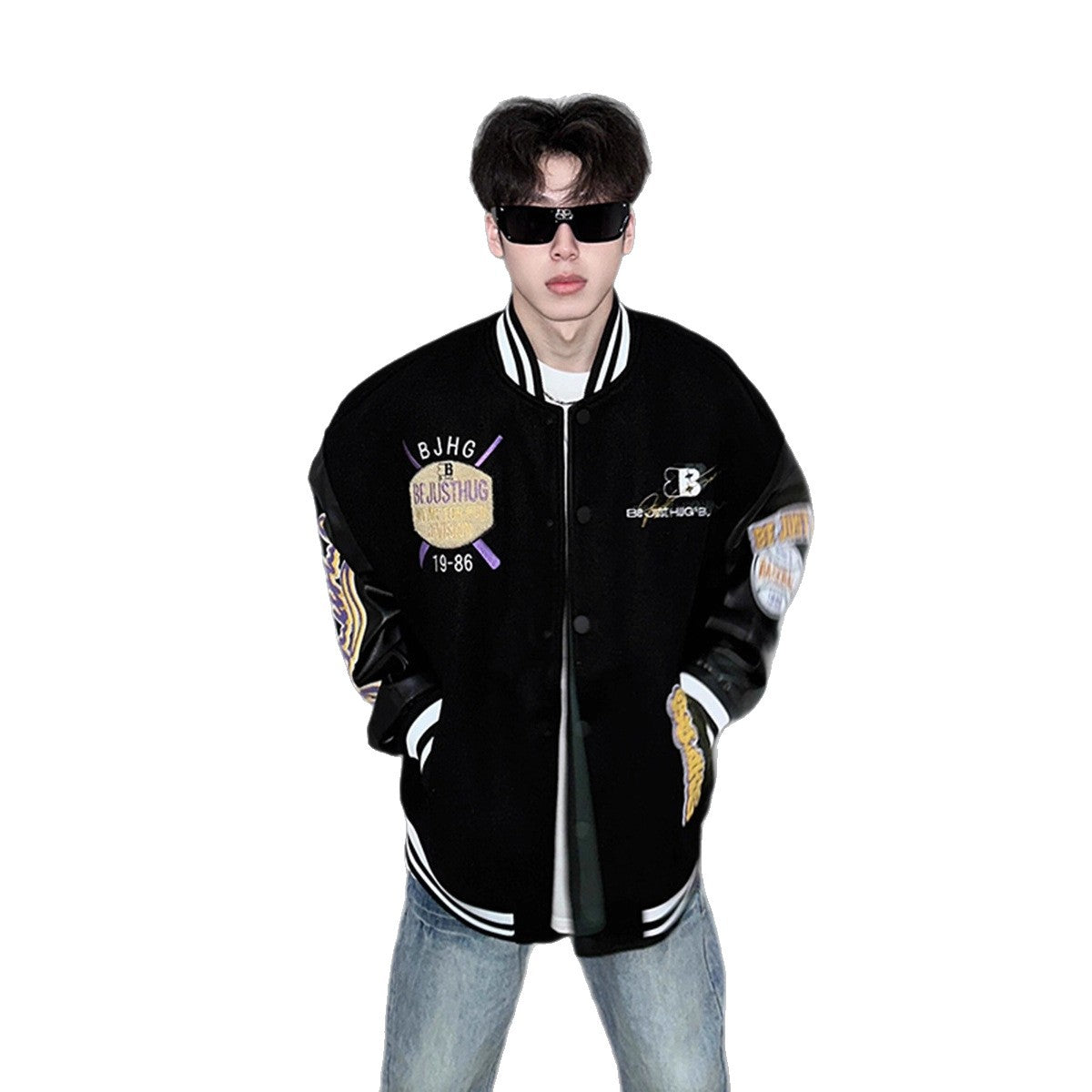 Letter Embroidery Baseball Cotton Jacket Men Winter PU Leather Sleeve Patchwork High Street Cool Aviator Cotton Coat