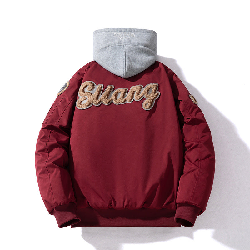 Street Trend Baseball Jacket Women Towel Fleece Embroidery Padded Hooded Thick Flight Jacket Men