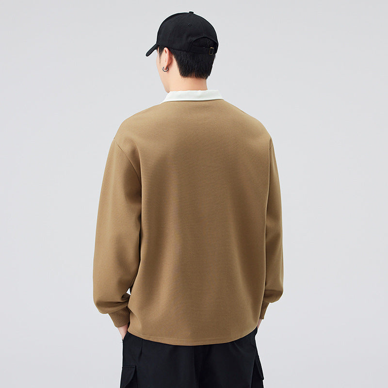 Men's  Retro Faux Two-Piece Polo Hoodie, Relaxed Fit Long Sleeve Casual Top