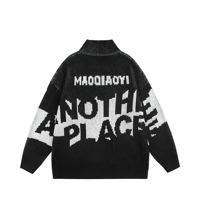 Half zip stand up collar sweater with letters loose knit sweater