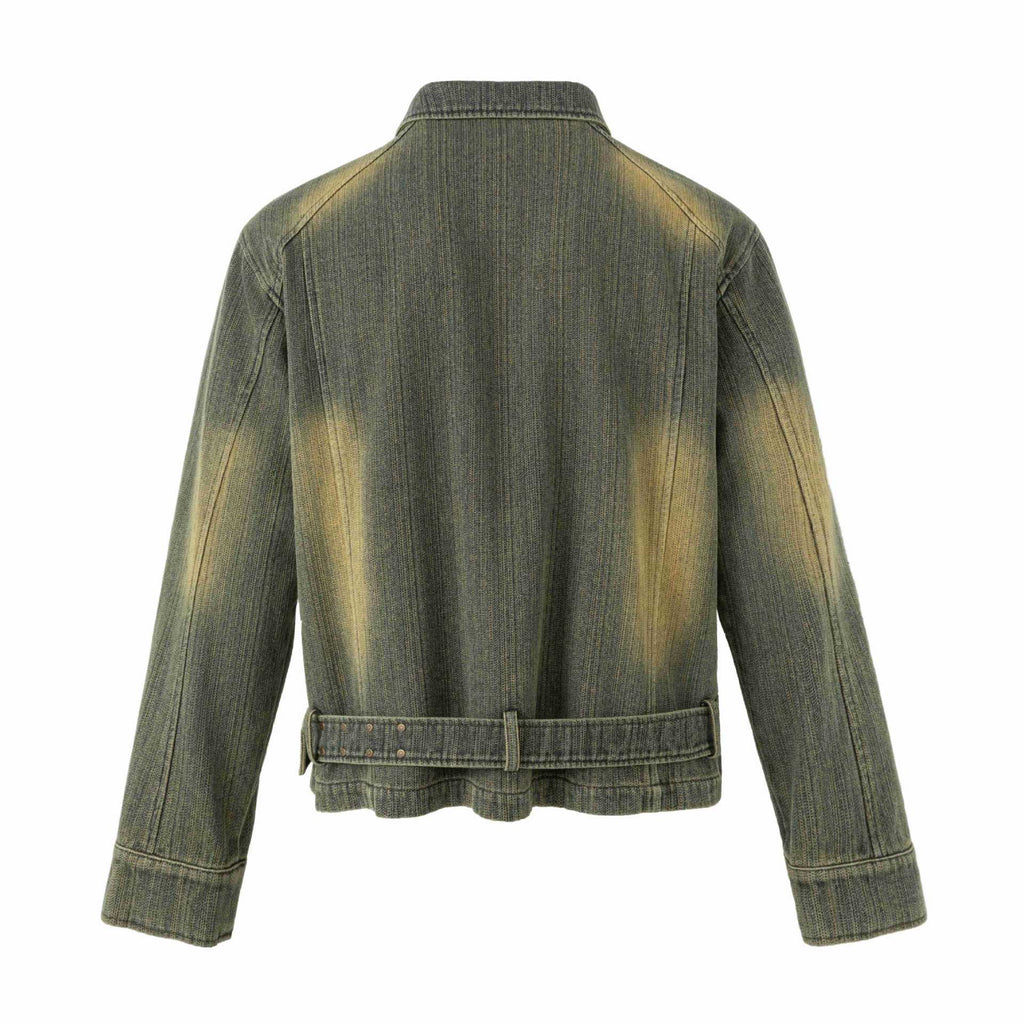 Distressed Embroidered Belted Short Denim Jacket for Men