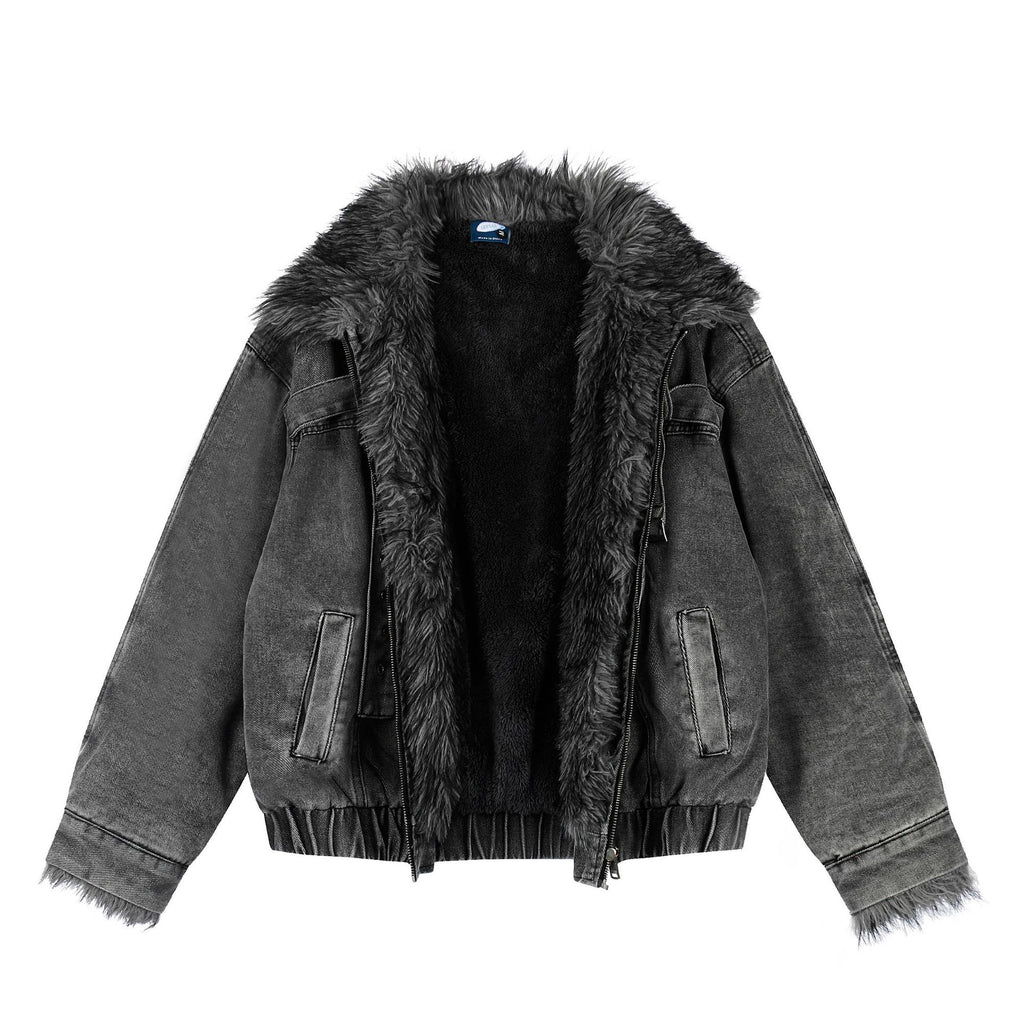 Washed Denim Belt Buckle Large Fur Collar Loose Cotton Coat