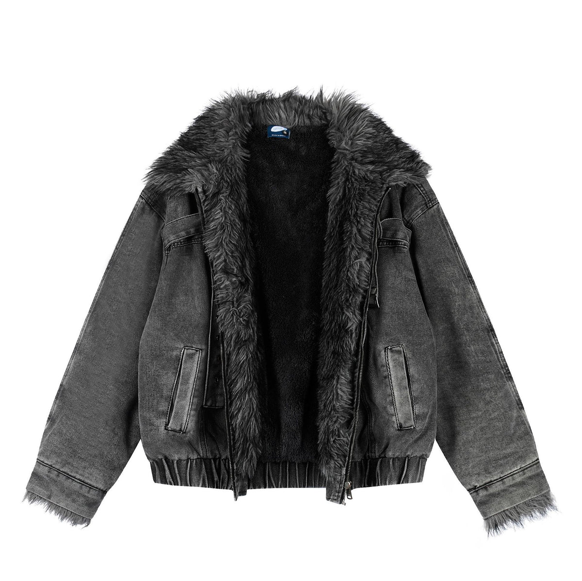 Washed Denim Belt Buckle Large Fur Collar Loose Cotton Coat
