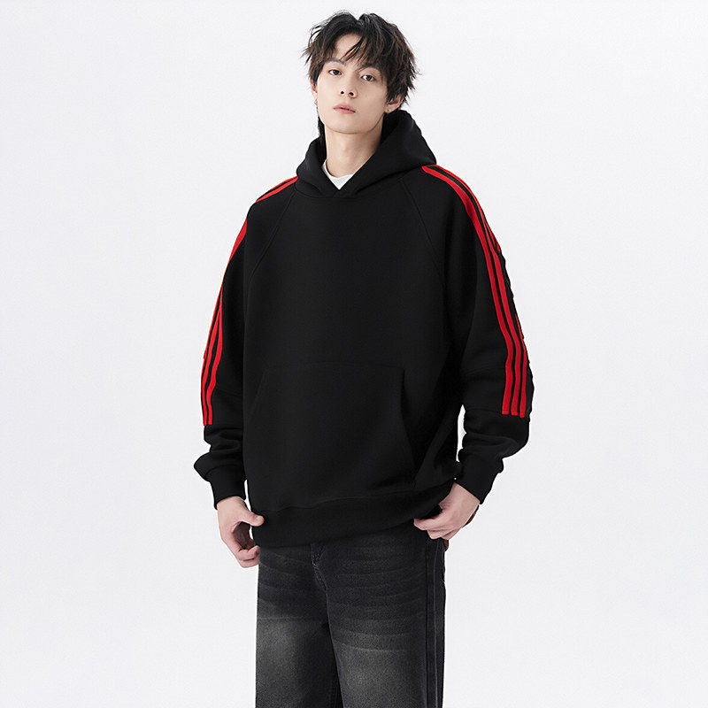 Three Stripes Hooded Sweatshirt Men  Vintage Streetwear Casual Loose Outerwear