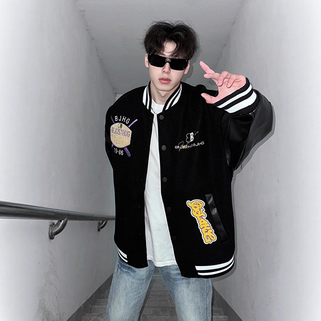 Letter Embroidery Baseball Cotton Jacket Men Winter PU Leather Sleeve Patchwork High Street Cool Aviator Cotton Coat
