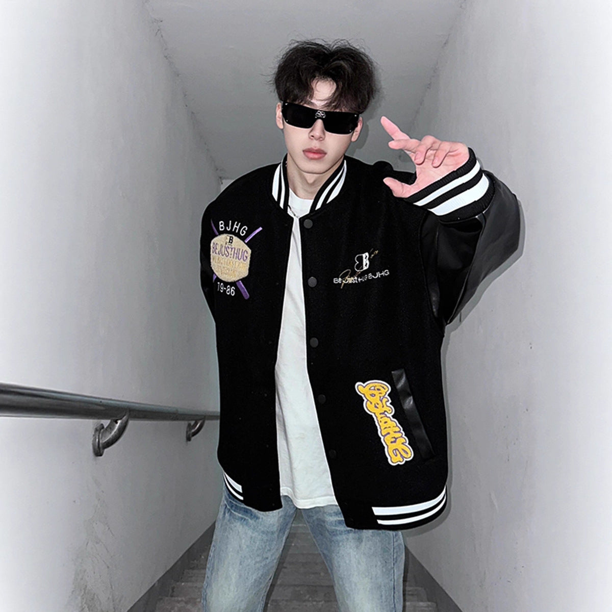 Letter Embroidery Baseball Cotton Jacket Men Winter PU Leather Sleeve Patchwork High Street Cool Aviator Cotton Coat