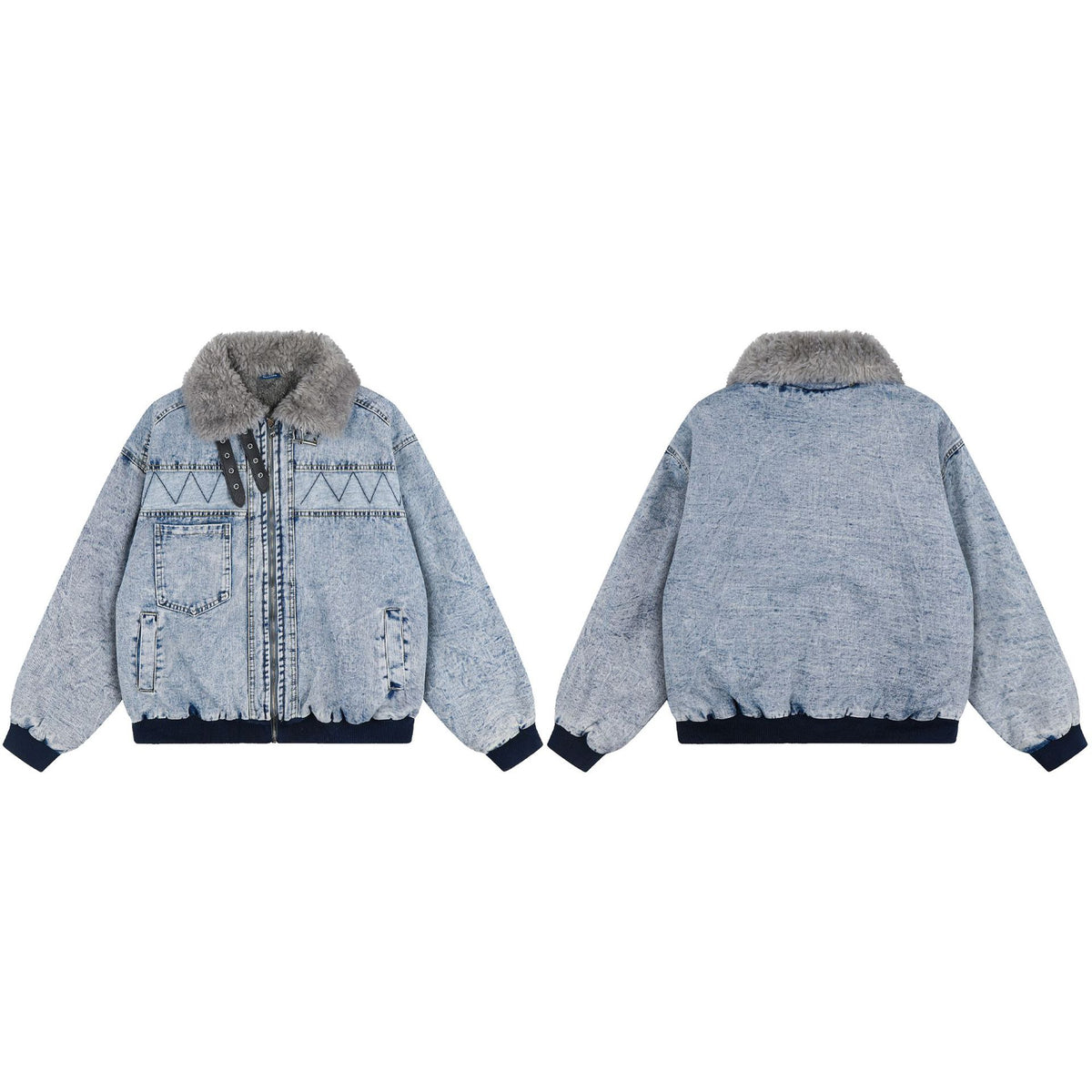 Workwear Denim Sherpa Lined Leather Buckle Large Fur Collar Loose Fit Padded Jacket