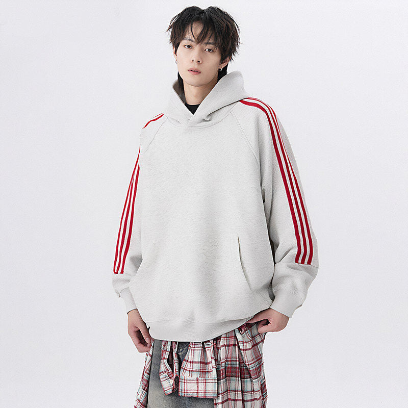 Three Stripes Hooded Sweatshirt Men  Vintage Streetwear Casual Loose Outerwear