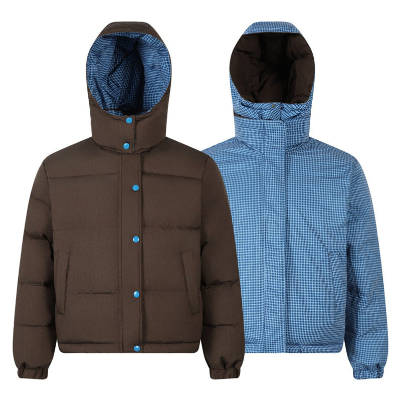 Style Double-Sided Wear Plaid Splicing Oversized Puffer Jacket Winter Fleece Lined Thick Hooded Warm Coat