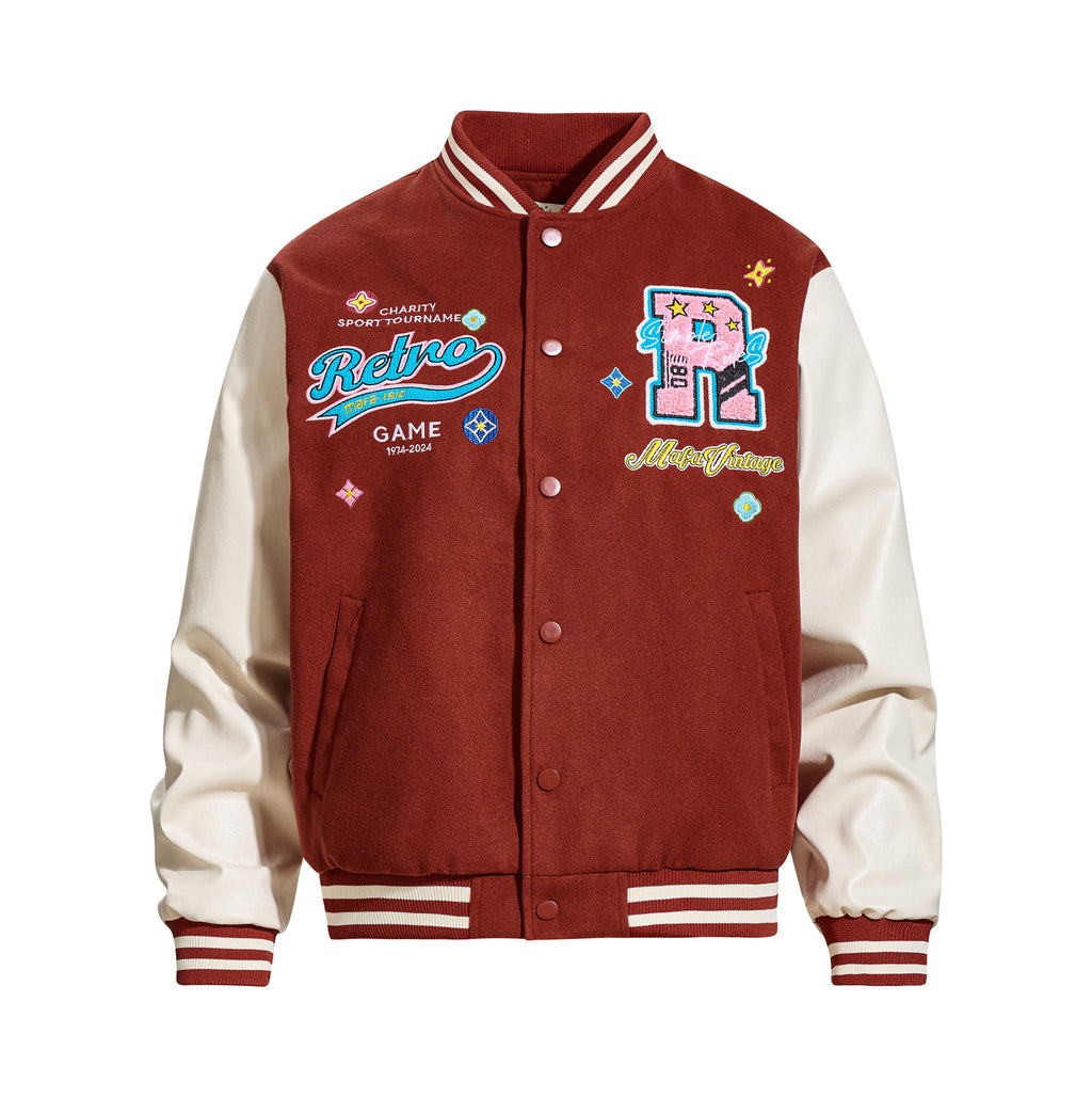 Streetwear Heavy Embroidered Lettering Color-Blocked Jacket for Men and Women, Casual Loose Baseball Coat