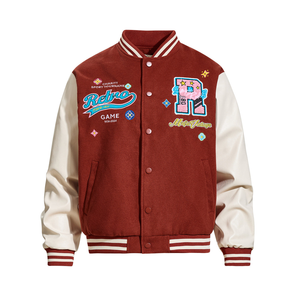 Streetwear Heavy Embroidered Lettering Color-Blocked Jacket for Men and Women, Casual Loose Baseball Coat