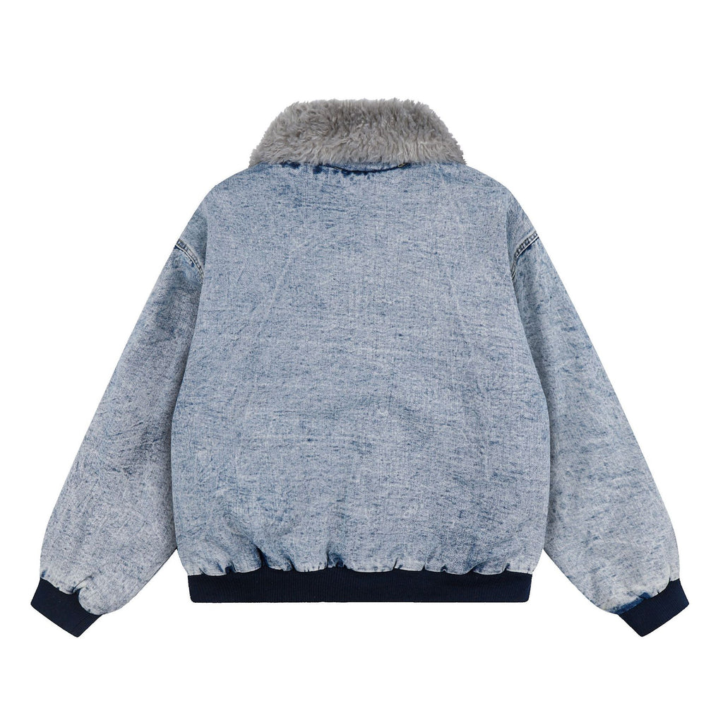Workwear Denim Sherpa Lined Leather Buckle Large Fur Collar Loose Fit Padded Jacket