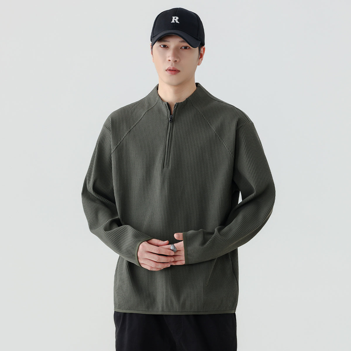 Men's Vintage Heavyweight Waffle Long Sleeve Half Zip Stand Collar Loose Fit Sweatshirt