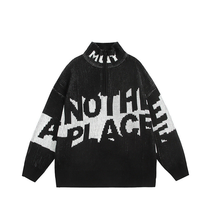 Half zip stand up collar sweater with letters loose knit sweater