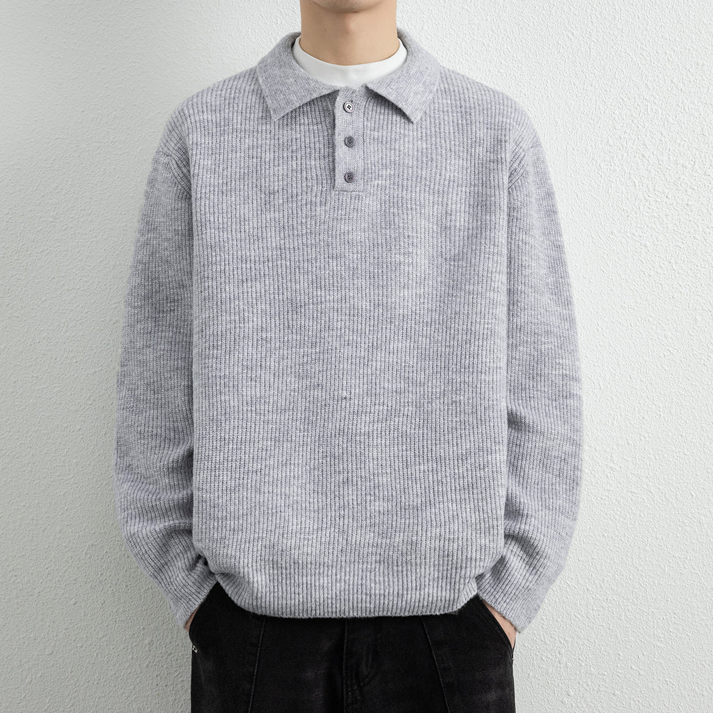 Casual Solid Color Long Sleeve Polo Collar Men's Sweater