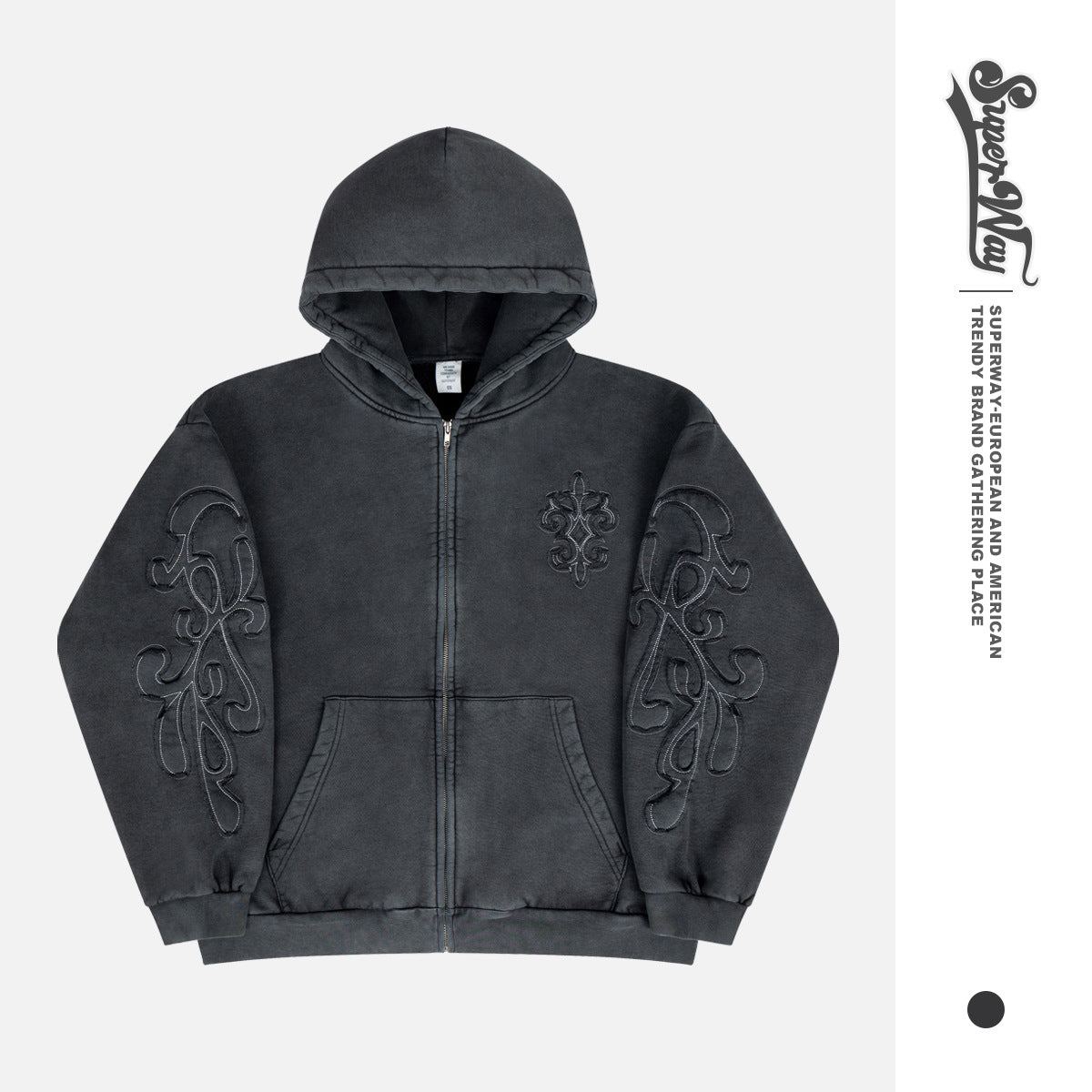 Washed Embroidered Hoodie with Fleece Lining for Men