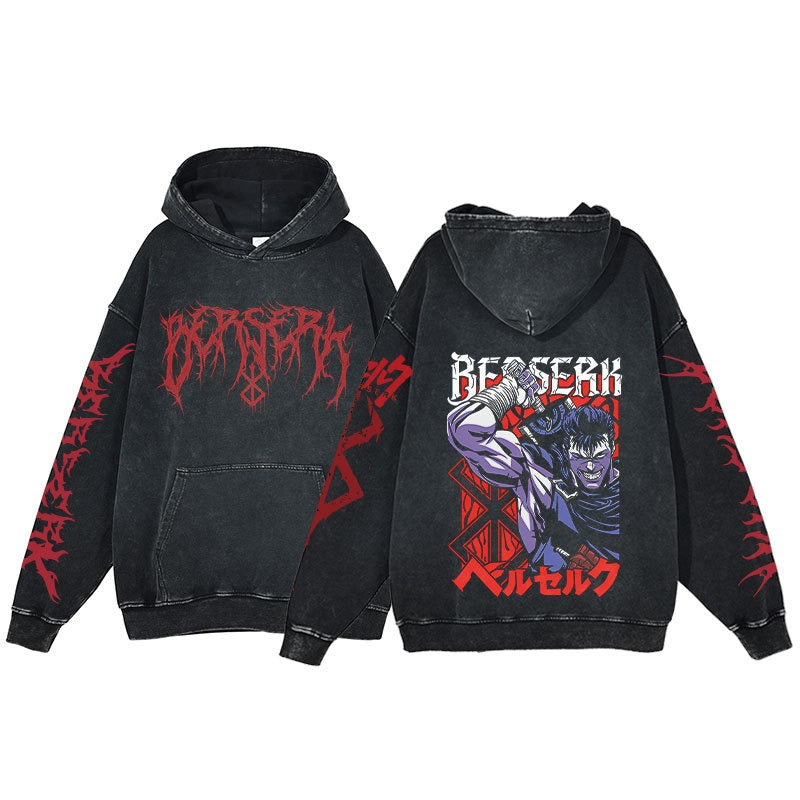 American retro washed hoodie for men and women, hip-hop sword style legendary dark print hoodie, vintage hoodie