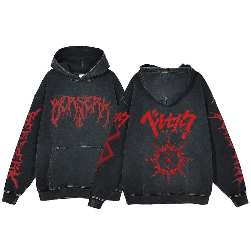American retro washed hoodie for men and women, hip-hop sword style legendary dark print hoodie, vintage hoodie