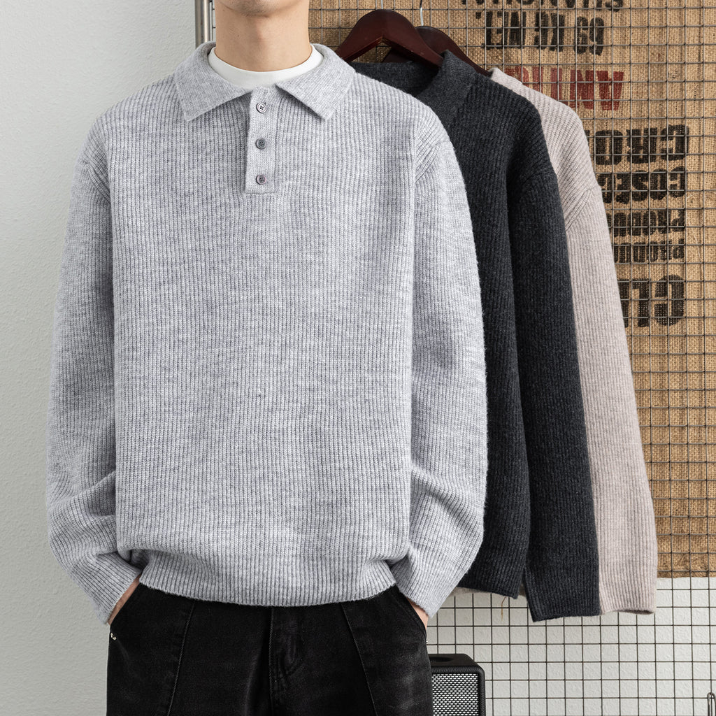 Casual Solid Color Long Sleeve Polo Collar Men's Sweater