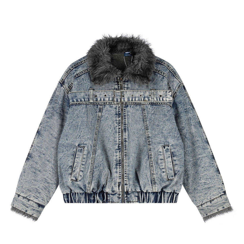 Washed Denim Belt Buckle Large Fur Collar Loose Cotton Coat