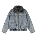 Washed Denim Belt Buckle Large Fur Collar Loose Cotton Coat