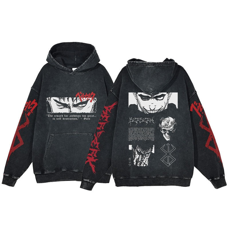 American retro washed hoodie for men and women, hip-hop sword style legendary dark print hoodie, vintage hoodie
