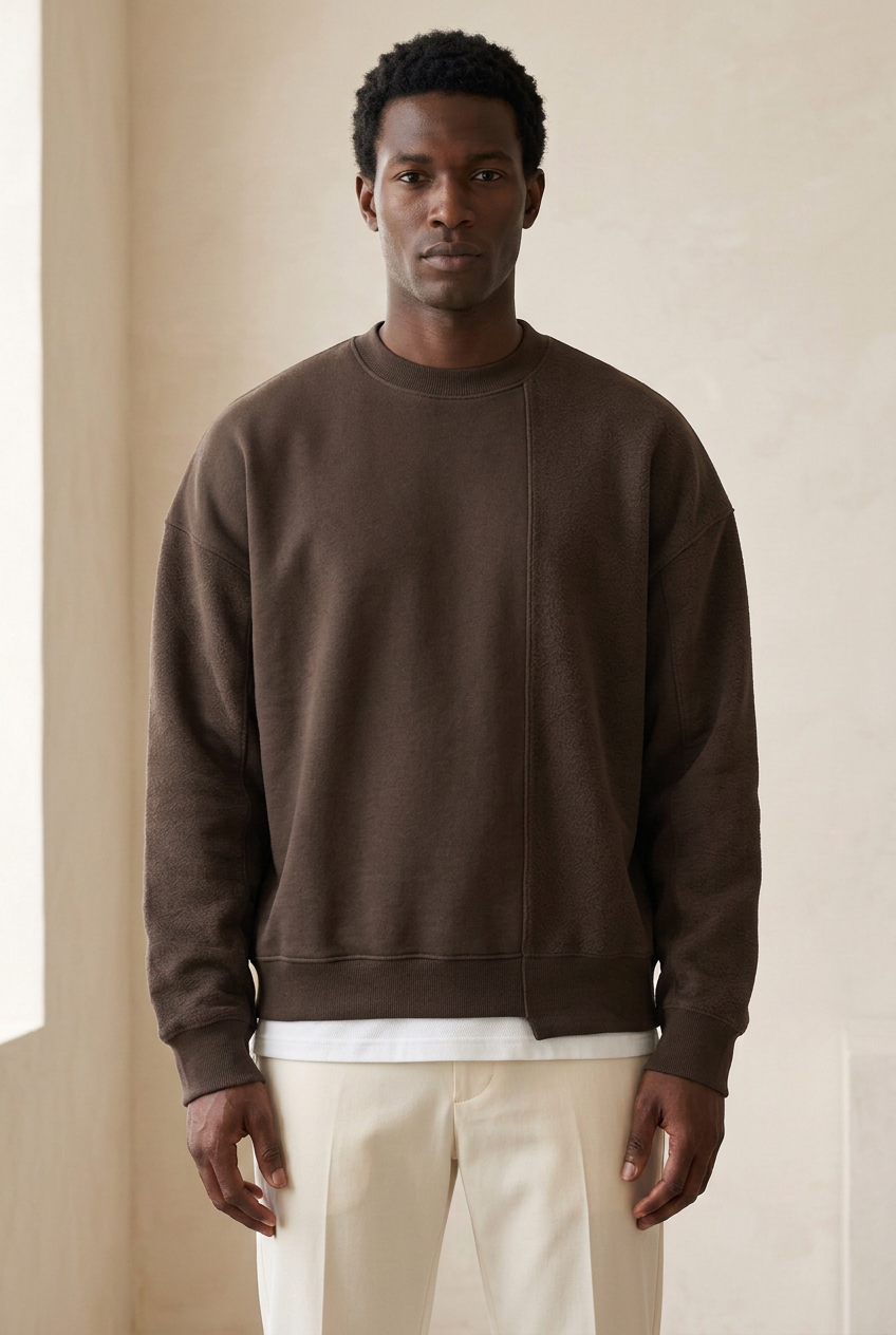 Donkerbruine sweater met hetzelfde model en beide handen laag