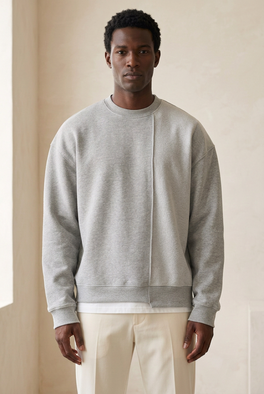 Lichtgrijze sweater schuin met handen laag
